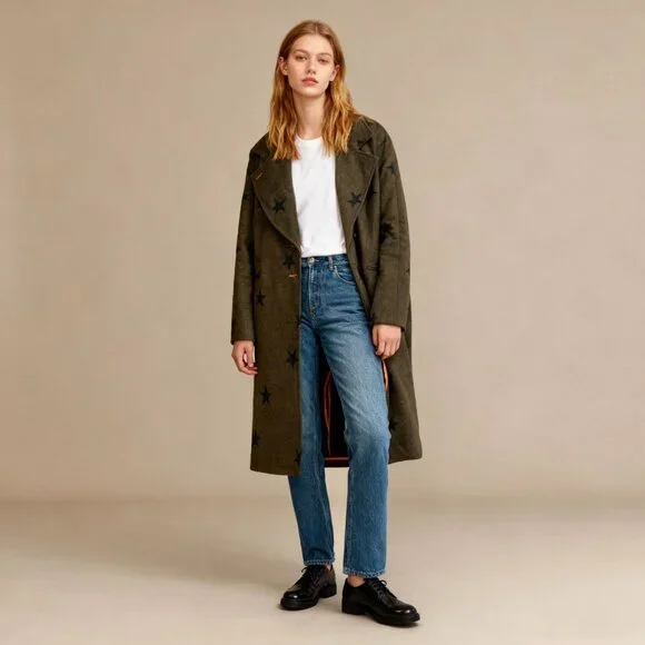 NWOT Anthropologie Wool Blend Green Star Double Face Trench Coat Olive Size M - Picture 2 of 11